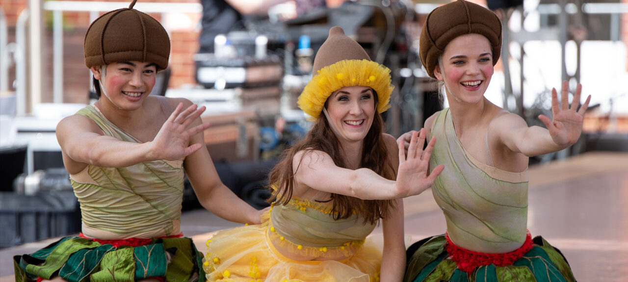 Keigo Muto as Snugglepot, Kassidy Thompson as Ragged Blossom and Sarah Ross as Cuddlepie. Photo by Bradbury Photography